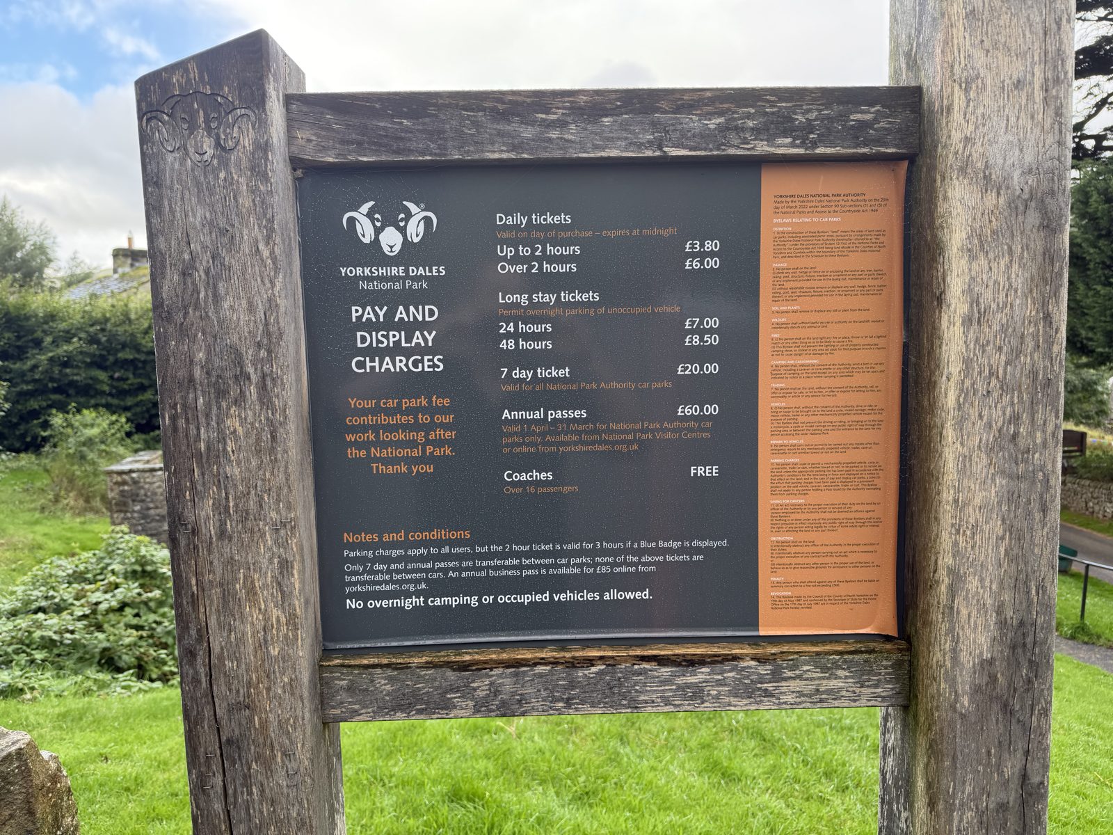 The pay and display charges board at Buckden National Park car park