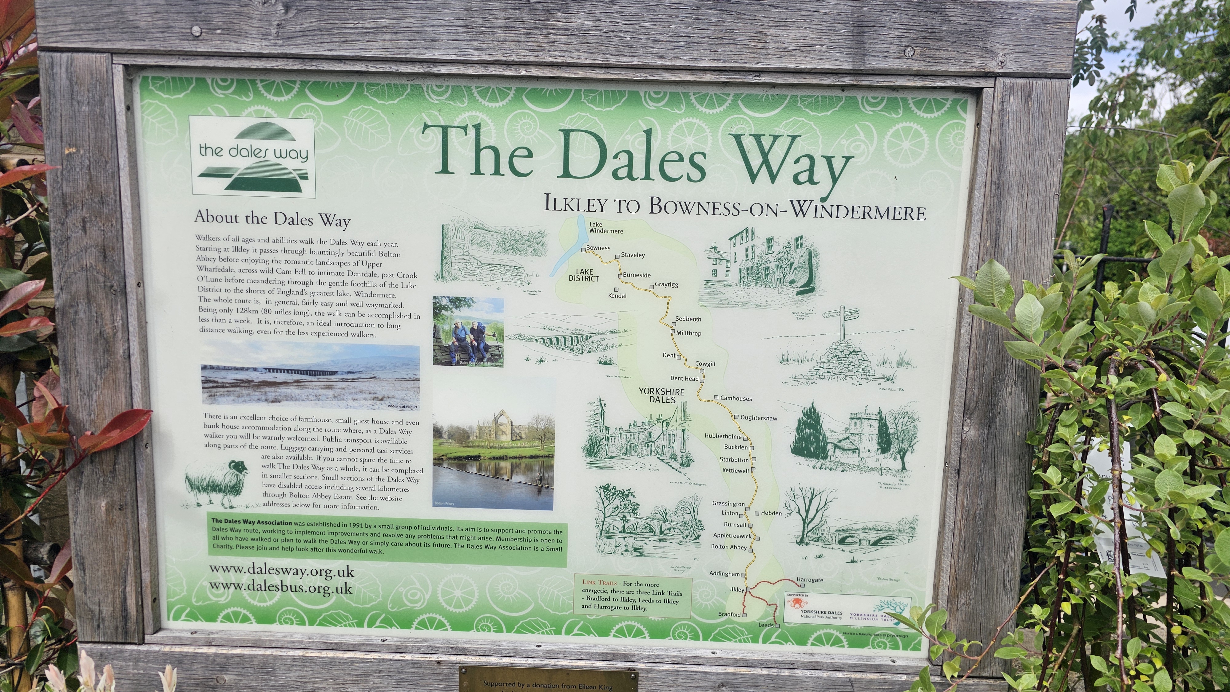 The Dales Way information board at the Ilkley trailhead — 79 miles to Bowness-on-Windermere